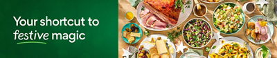 Your shortcut to festive magic. A Christmas feast overhead spread of ham, salads and pavlova.
