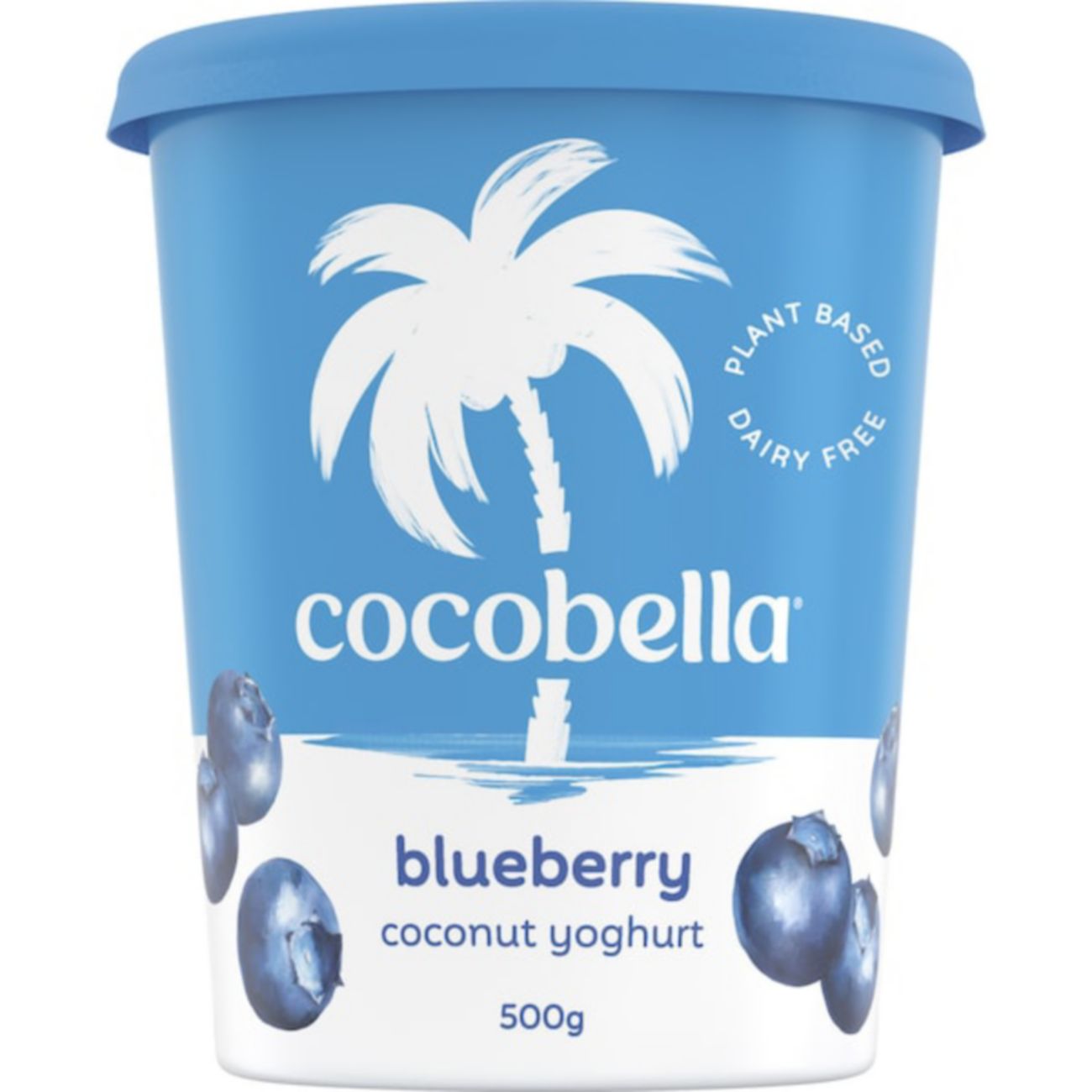 Cocobella Coconut Yoghurt Blueberry 500g shown.