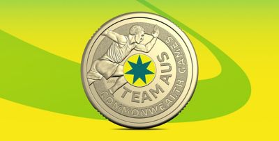 Woolworths Team AUS Commonwealth Games coin featuring a runner and star on a green-yellow background