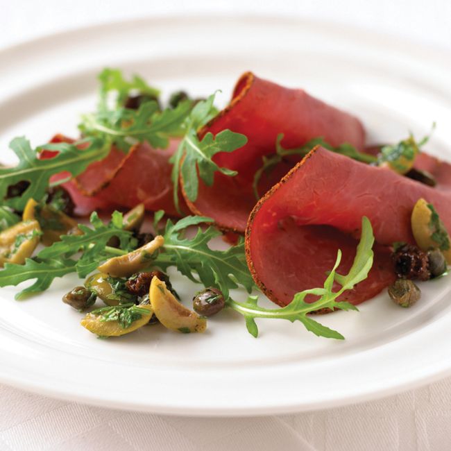 Sliced Beef & Rocket Salad With Green Olive & Raisin Salsa