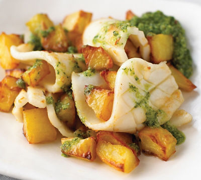 Roasted Squid And Potato With Spiced Coriander Pesto