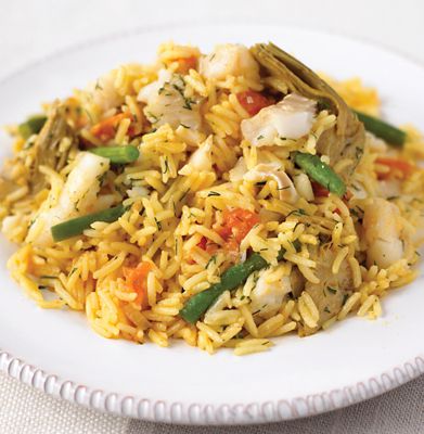 White Fish, Green Beans & Artichoke Paella