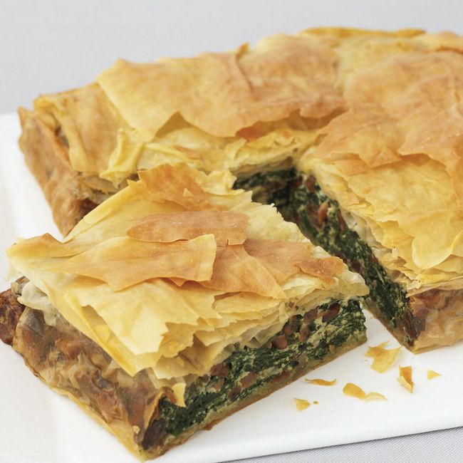 Filo Pie With Spinach, Ricotta Cheese, Pine Nuts & Raisins
