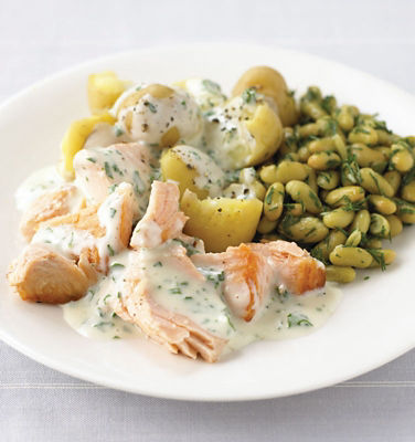 Salmon With New Potatoes, Flageolet Beans, And Parsley Sauce