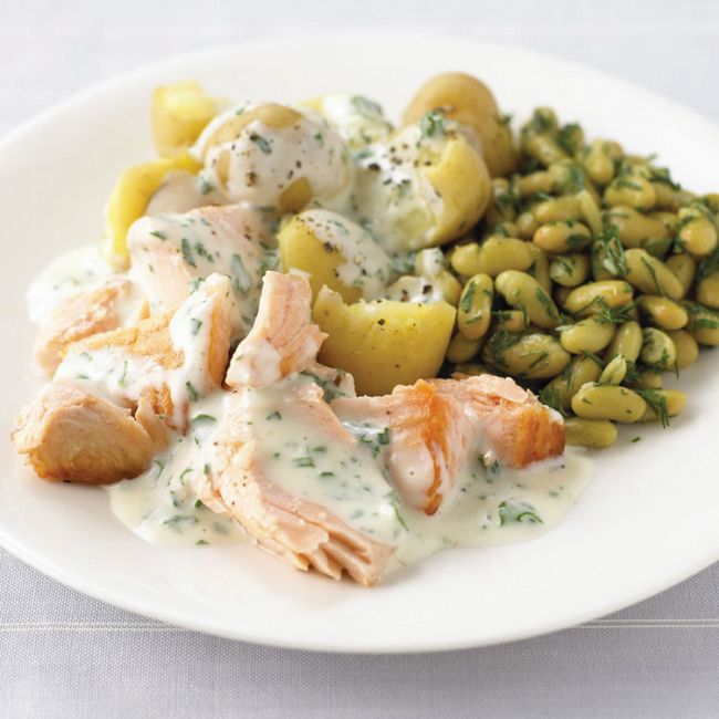 Salmon With New Potatoes, Flageolet Beans & Parsley Sauce