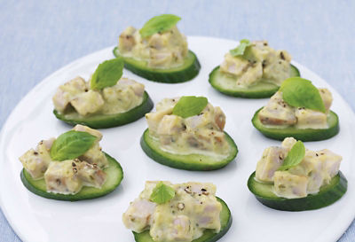 Smoked Chicken With Basil Mayonnaise On Cucumber Rounds