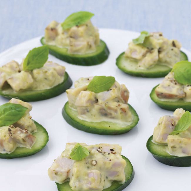 Smoked Chicken With Basil Mayonnaise On Cucumber Rounds