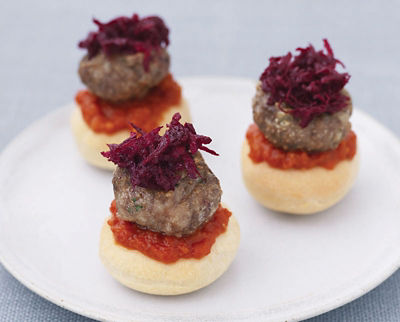 Mini Beef Burgers On Pizza Bases With Chilli & Beetroot Salad