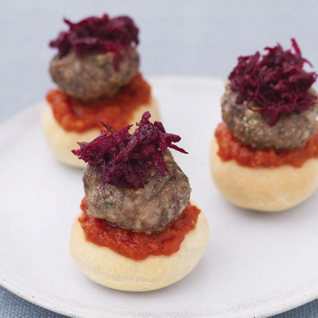Mini Beef Burgers On Pizza Bases With Chilli & Beetroot Salad