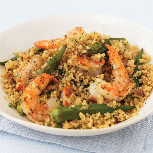 Bulgur Wheat With Prawns, Okra & Dill