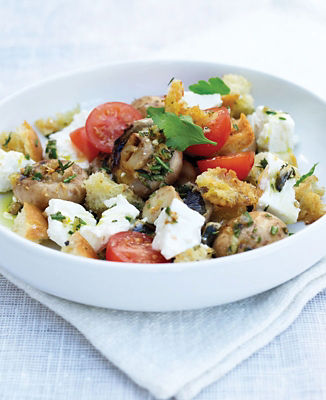Grilled Mushrooms With Bread, Tomatoes & Feta