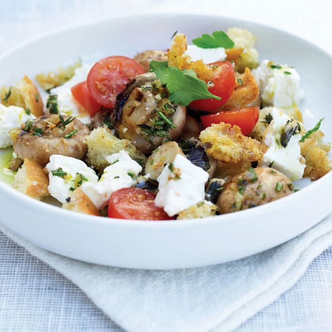 Grilled Mushrooms With Bread, Tomatoes & Feta
