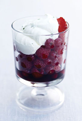 Boozy Berries With Mint & Elderflower Cream