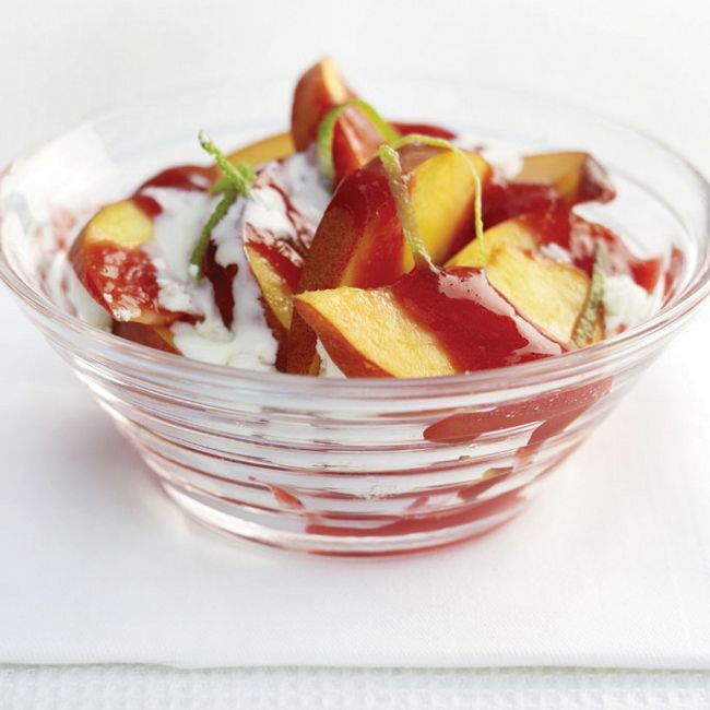 Peaches With Meringue & Raspberry Sauce