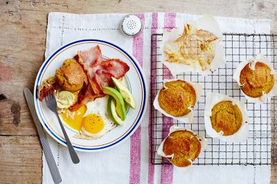 Quinoa And Polenta Muffins With Eggs, Bacon & Avocado