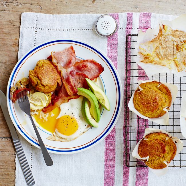 Quinoa & Polenta Muffins With Eggs, Bacon & Avocado