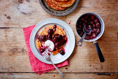 American-style Soaked Buckwheat Pancakes With Cherry Almond Sauce