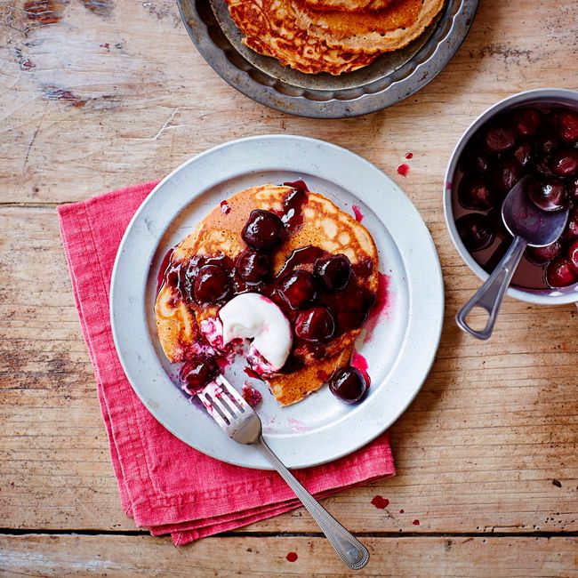 American-style Soaked Buckwheat Pancakes With Cherry Almond Sauce