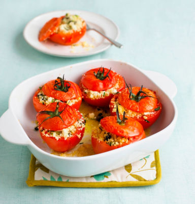 Baked Tomatoes Stuffed With Couscous, Black Olives & Feta