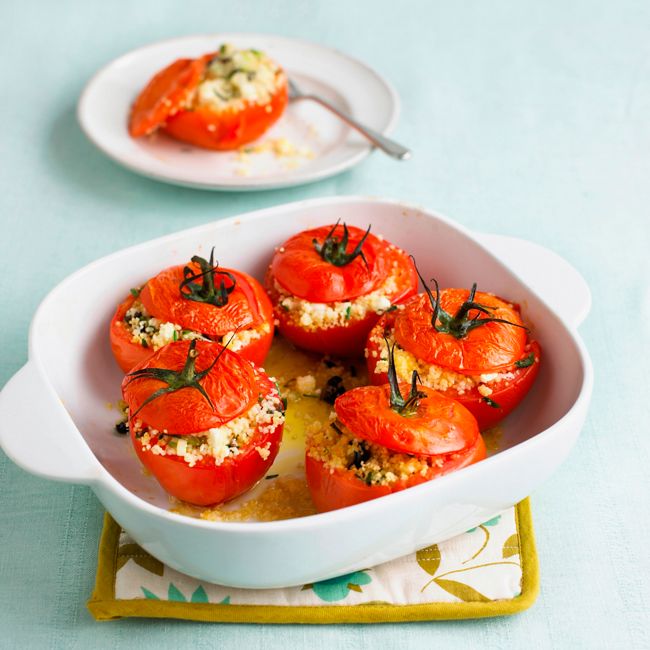 Baked Tomatoes Stuffed With Couscous, Black Olives & Feta