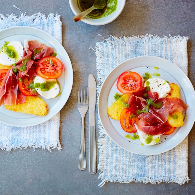 Polenta With Tomato, Mozzarella, Pesto & Parma Ham