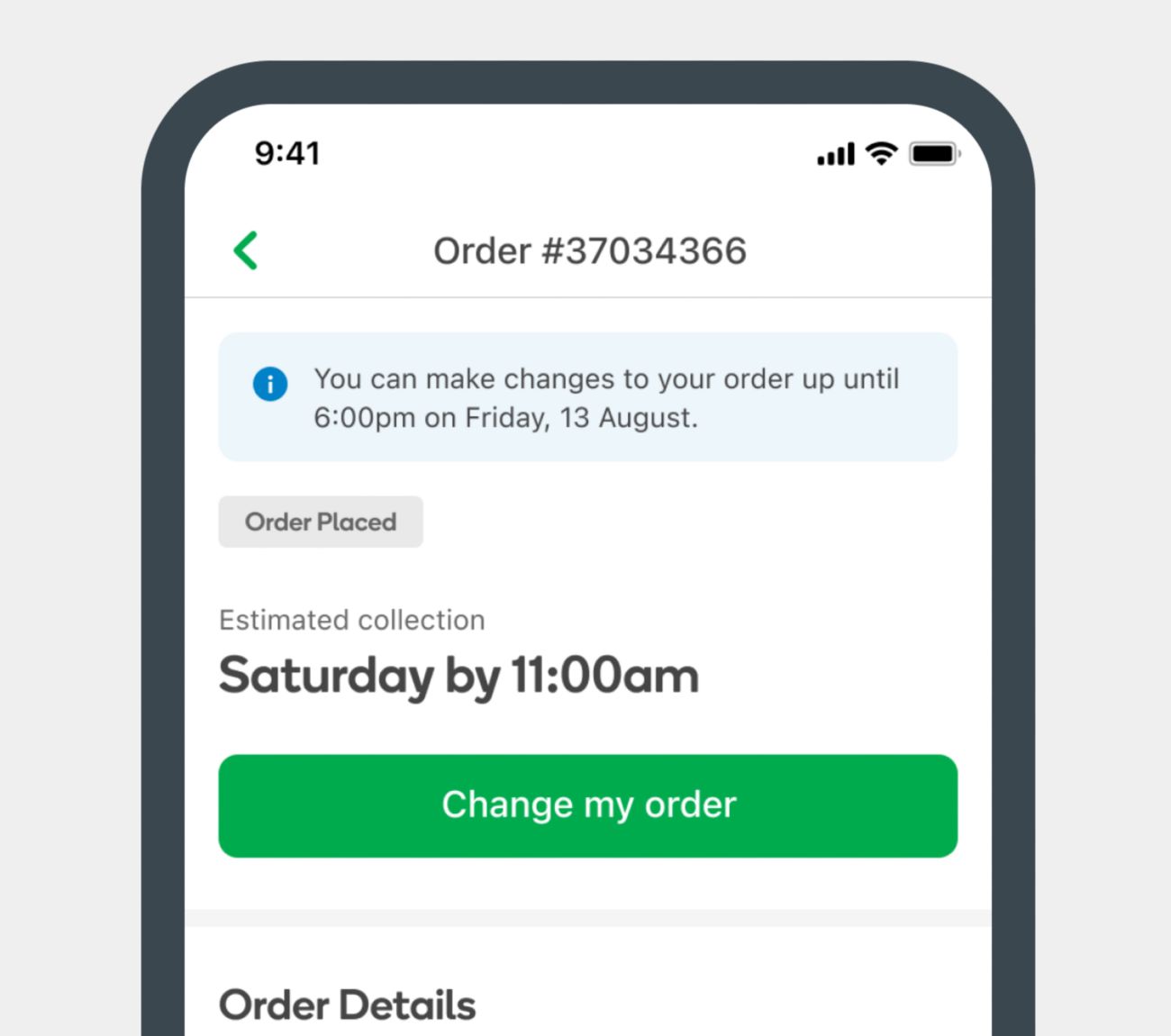 Woolworths app screen showing Change my Order button