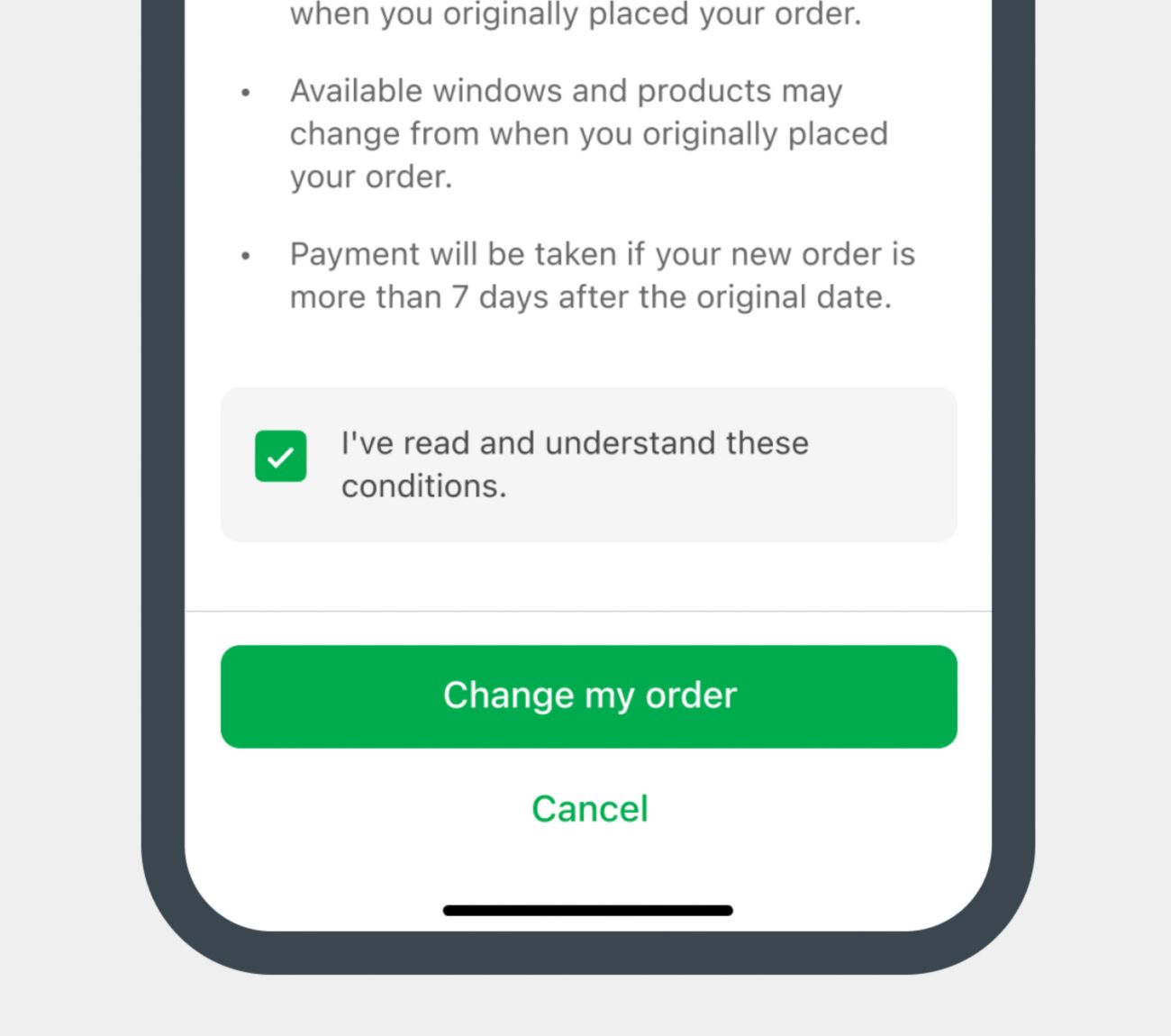 Woolworths app screen showing checkbox to accept terms