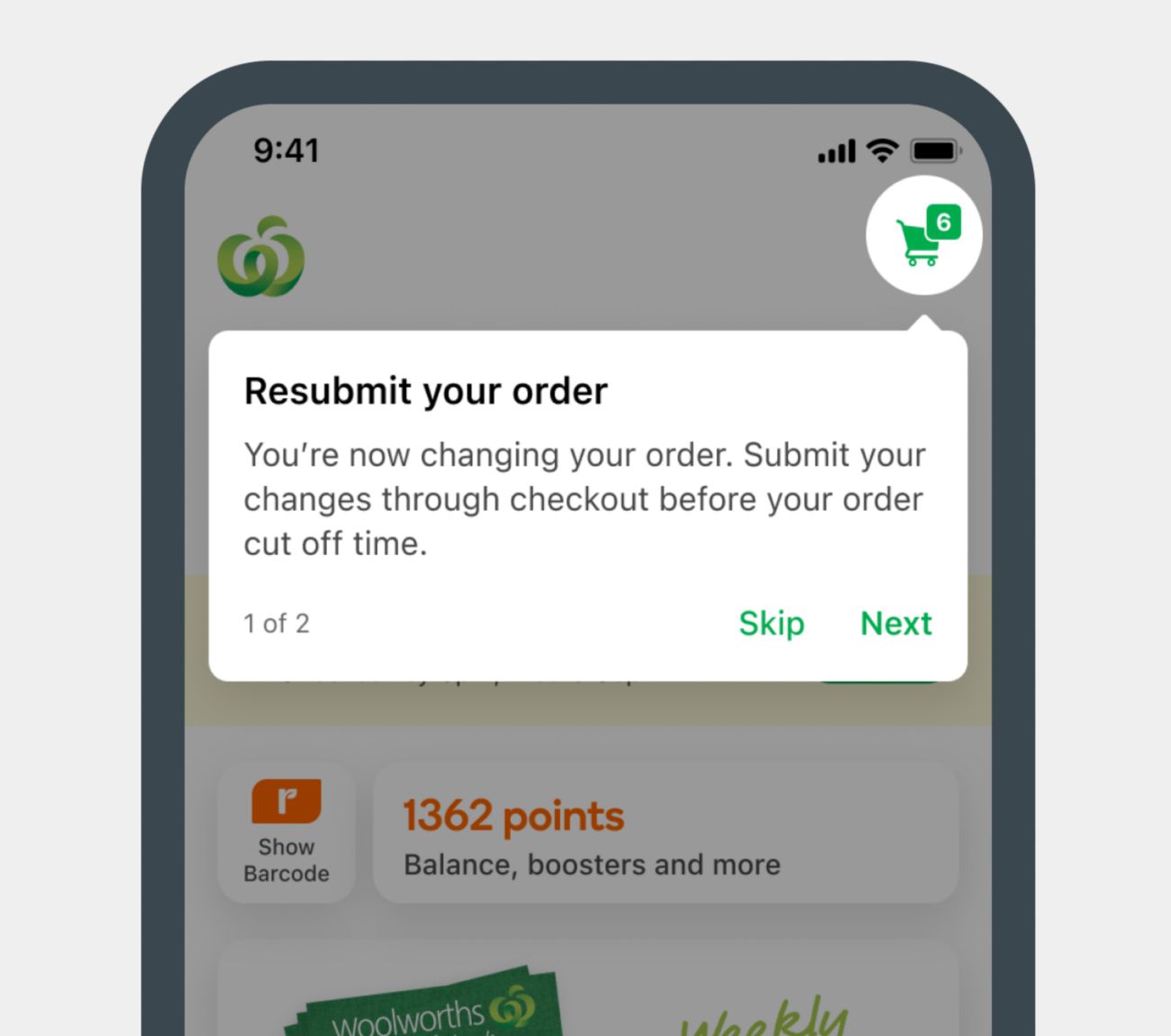 App screen showing checkout icon in top right where you resubmit your order.