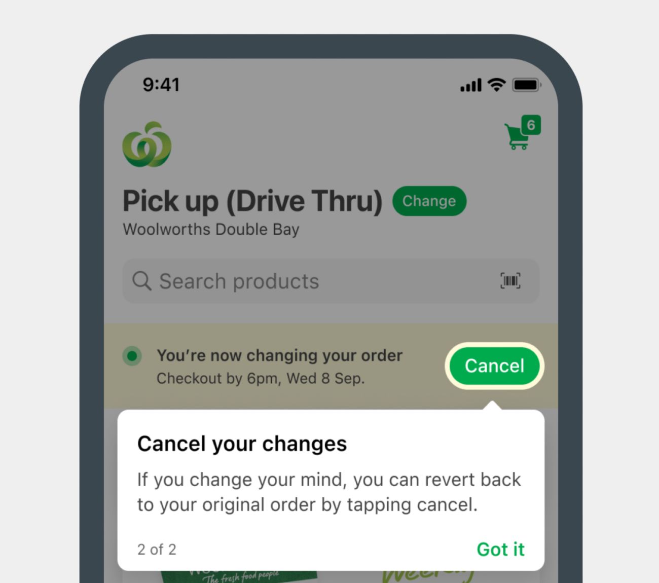 App screen showing Cancel button along side a message that you are changing your order.