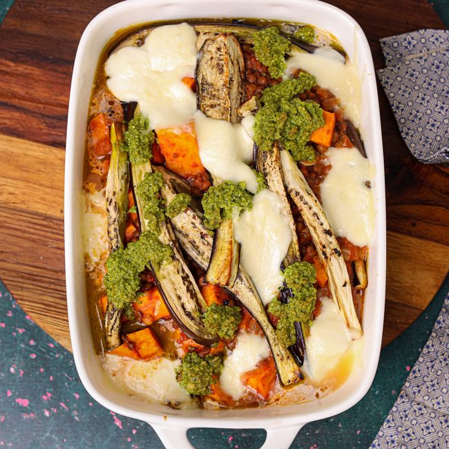 Eggplant, Lentil & Pesto Bake
