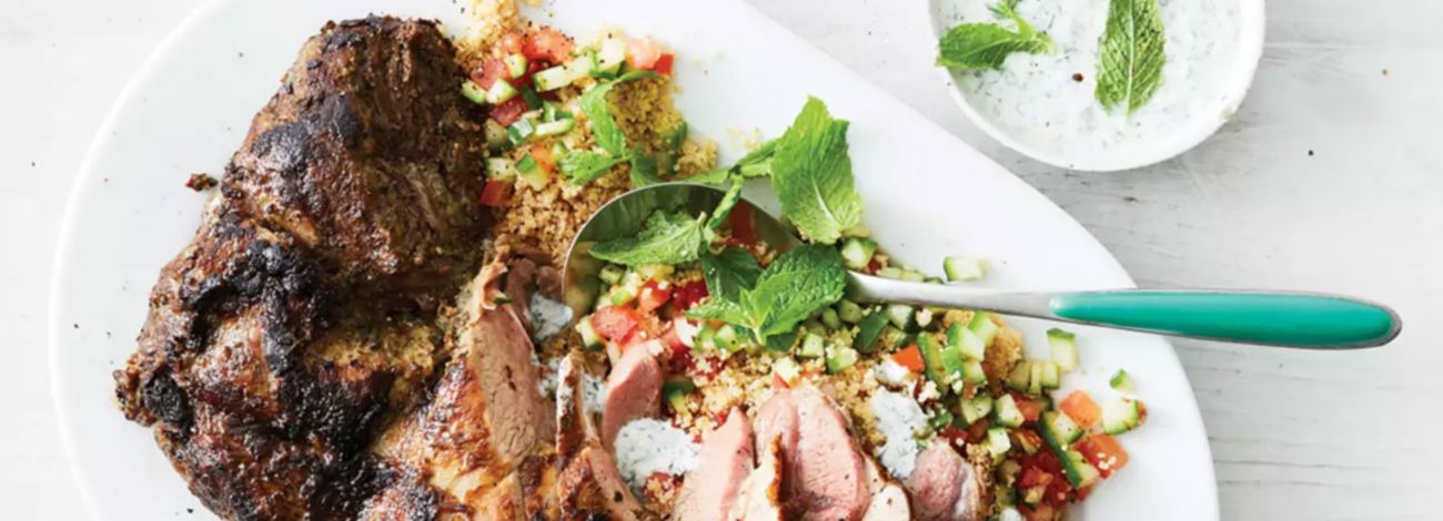 Barbecued lamb with couscous salad yoghurt dressing