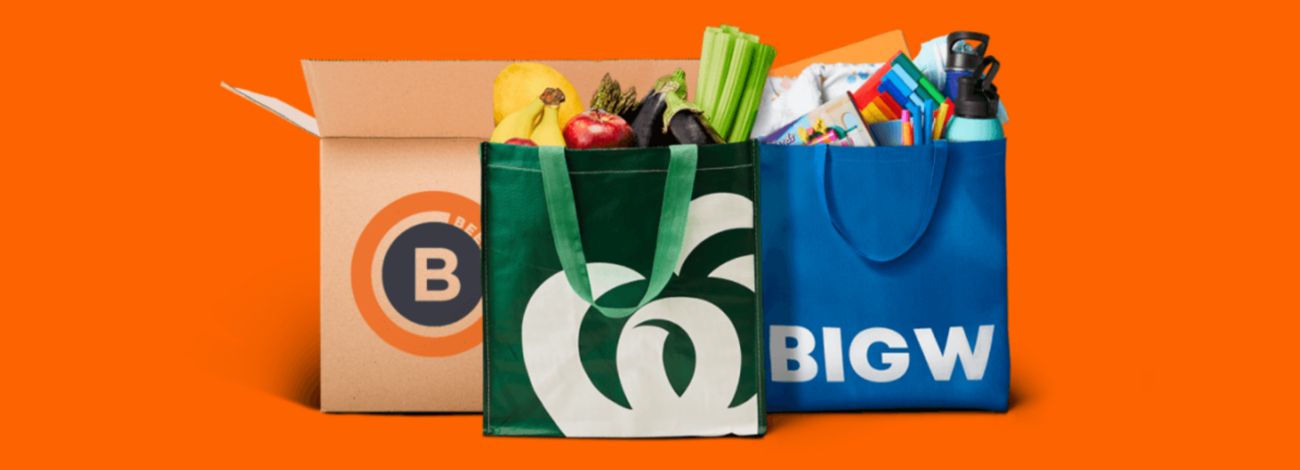 BWS box, woolworths shoppping bag and big w shopping bag.
