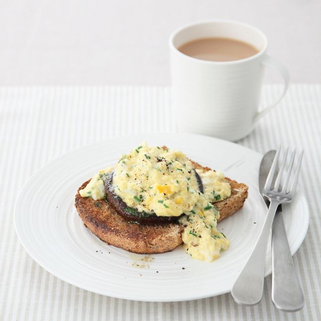 Grilled Portobello Mushrooms With Scrambled Eggs On Toast