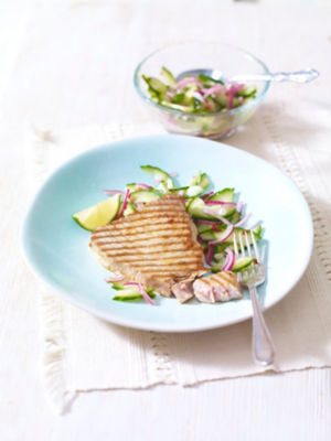 Barbecued Tuna Steaks With Cucumber & Red Onion Relish