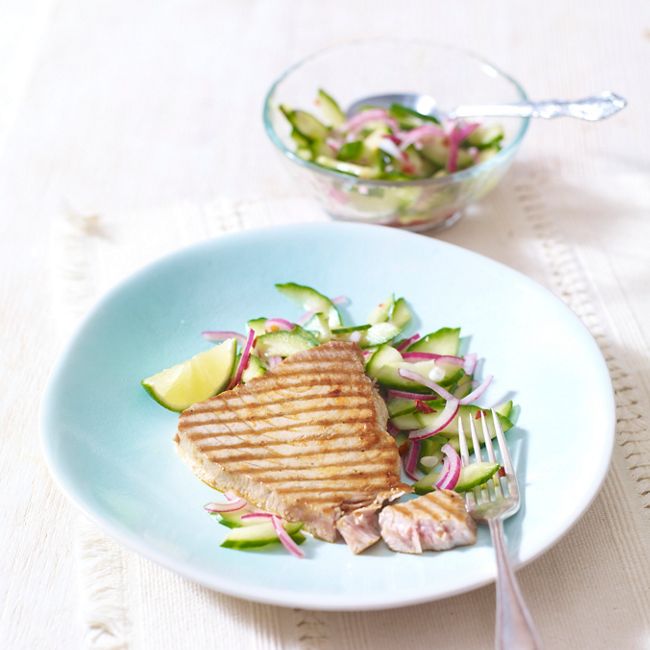 Barbecued Tuna Steaks With Cucumber & Red Onion Relish
