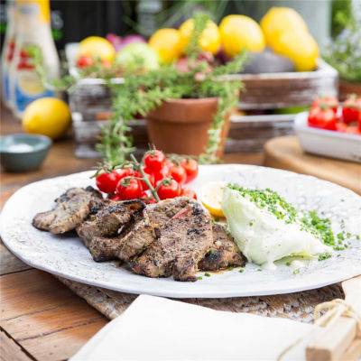 Grilled Lamb Rump Steaks with Rosemary-Caper Baste, Lettuce Wedge Salad & Ranch Dressing