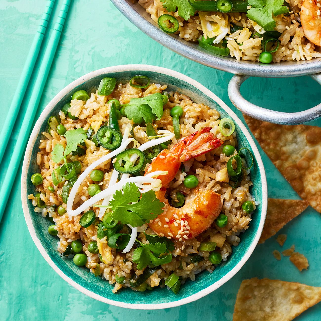 Honey Prawn Fried Rice with Crispy Wontons