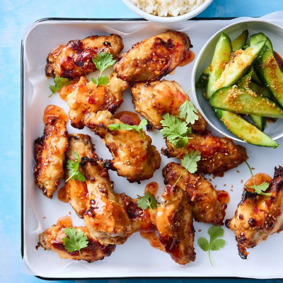 Satay Chicken Wings with Sesame Cucumber Salad