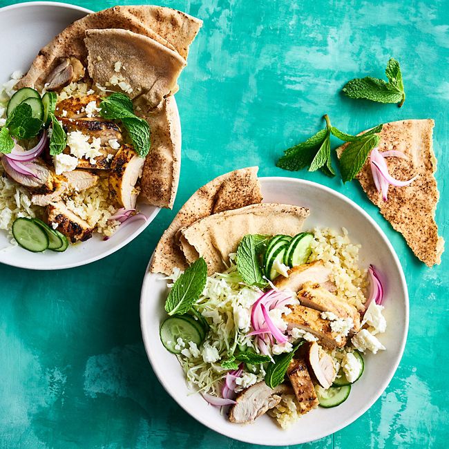 Healthier Chicken Shawarma Bowl with Roasted Cauliflower Rice
