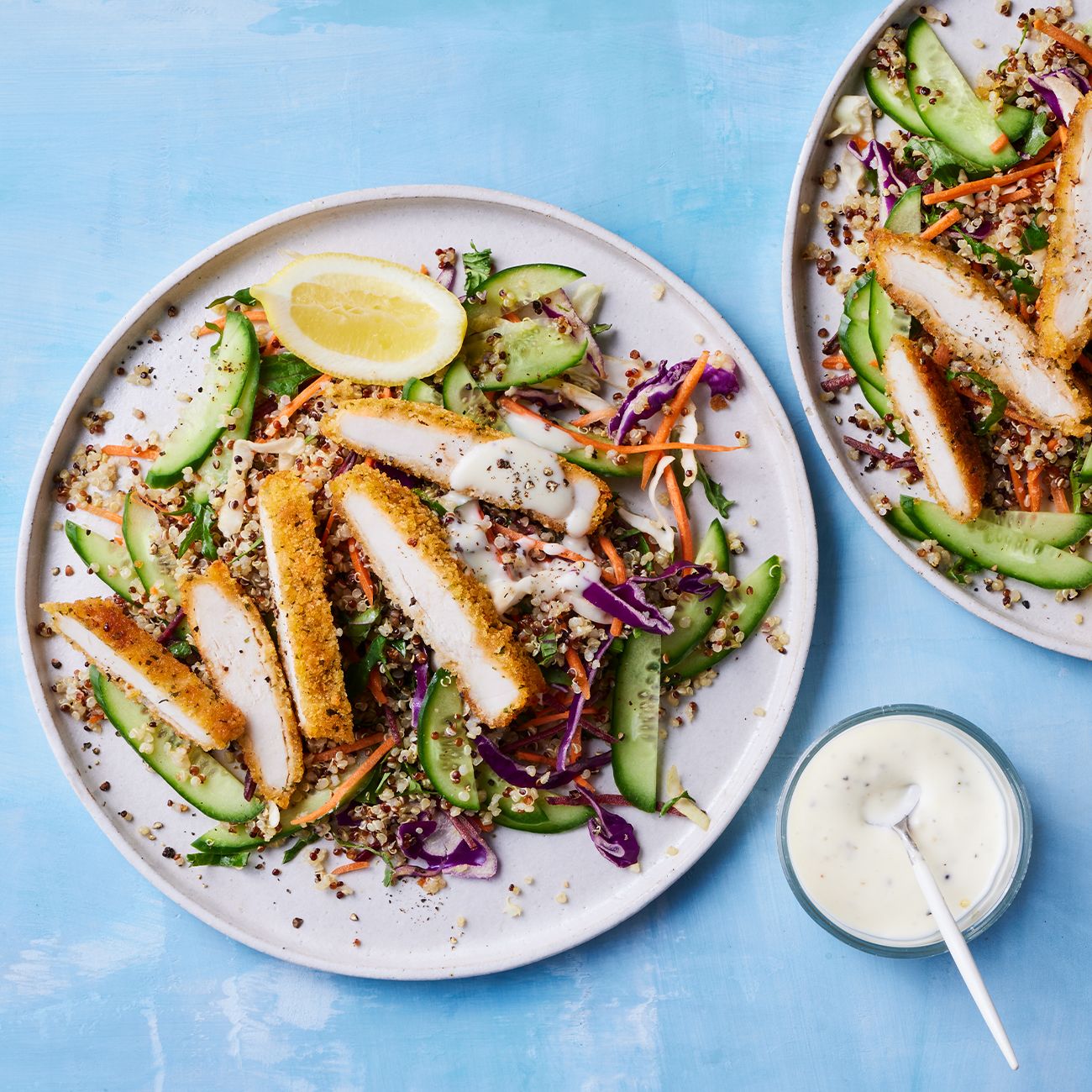 Easy Chicken Schnitzel with Quinoa and Slaw Salad