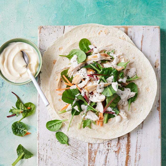 Quick Hot Roast Chicken, Salad & Mayo Wraps