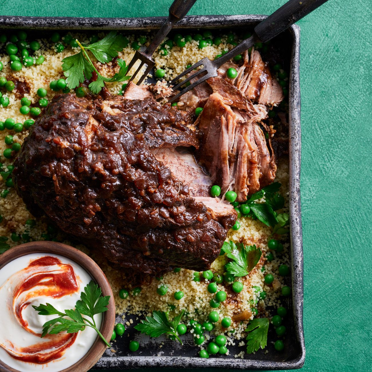 Slow cooked Beef with Pea Couscous Harissa Yoghurt Recipe