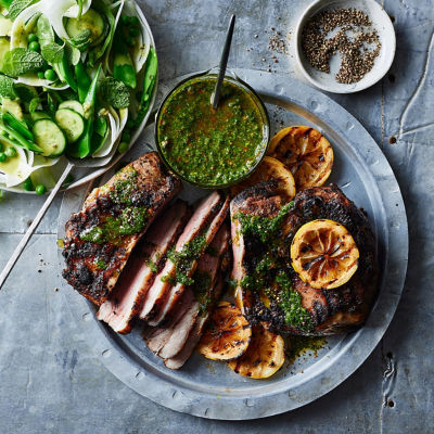 Barbecued Lamb with Mint Chimichurri and Pea Salad 