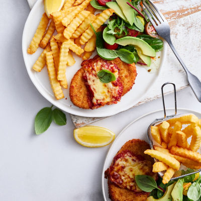Chicken Parmigiana with Crunchy Crinkle Cut Chips