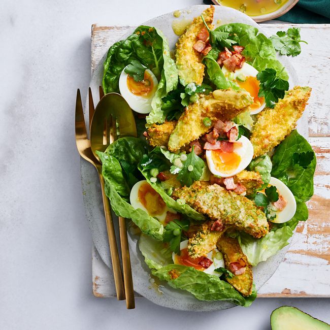 Crispy Avocado Salad with Olive Oil Bacon Dressing