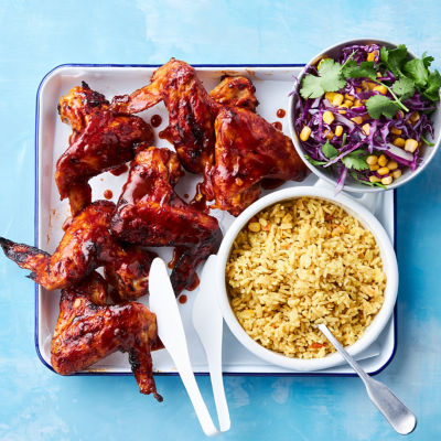 Sticky Barbecue Chicken Wings with Rice Salad