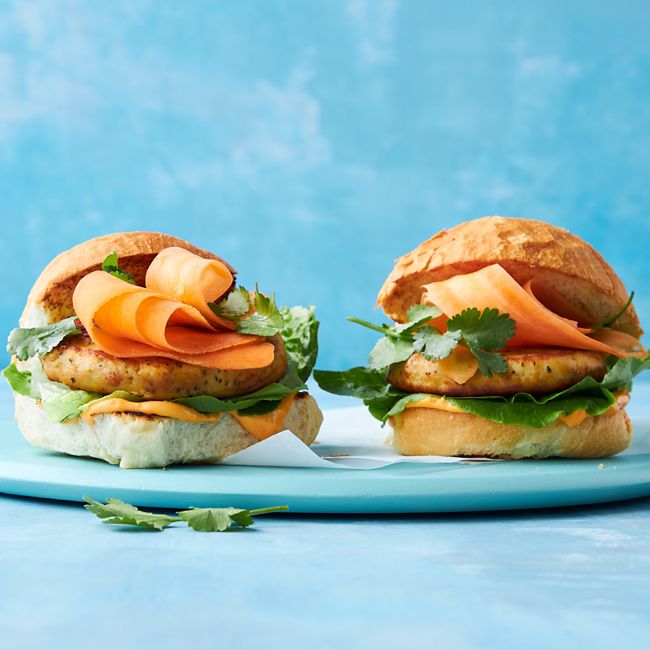 Speedy Chicken Burgers with Sriracha Mayo