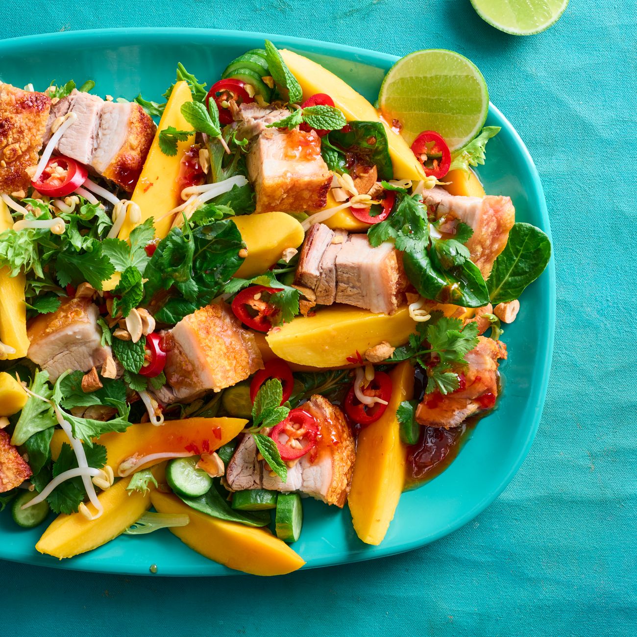 Air-fryer Crackling Pork Belly and Mango Platter