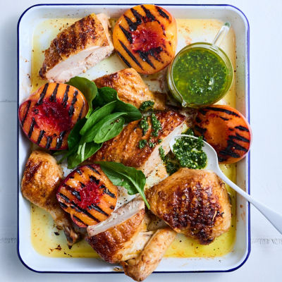 Grilled Chicken with Peaches & Rocket Dressing