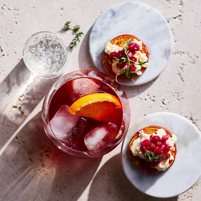 Pomegranate Vodka Spritz with Sweet Potato Crostini